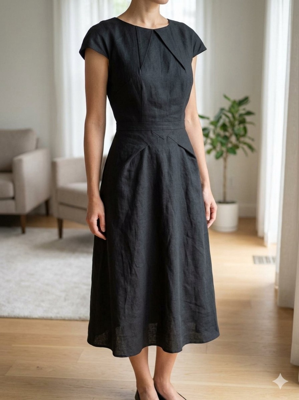 Structured Black Midi Dress with Cap Sleeves